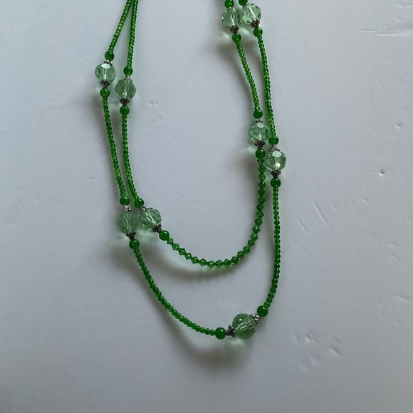 Hand Crafted Necklace Wrap Bracelet Drop Earrings Set Lime Green Double Strands - Picture 6 of 9